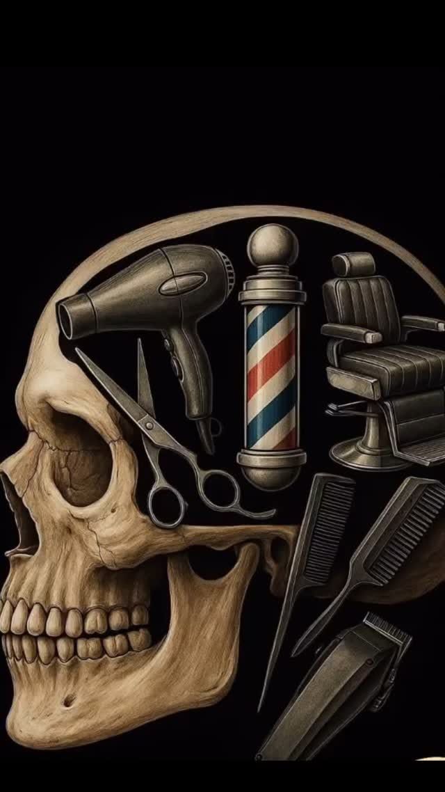 Papel de parede para barbeiros: Caveira + ferramentas (dark)