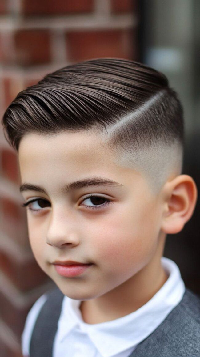 Cortes modernos 2026 para niños: side part comb over con fade y raya definida