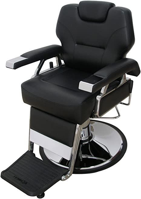 Silla para barbería negra profesional con reposapiés integrado, base cromada y estructura robusta