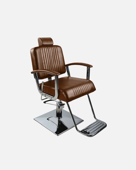 Silla para barbería de cuero genuino marrón con base cromada y diseño clásico profesional