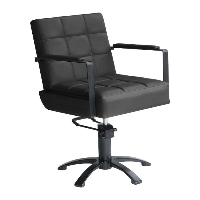 Silla para barbería contemporánea gris oscuro con tapizado acolchado tipo grid, base negra de cinco patas y diseño moderno