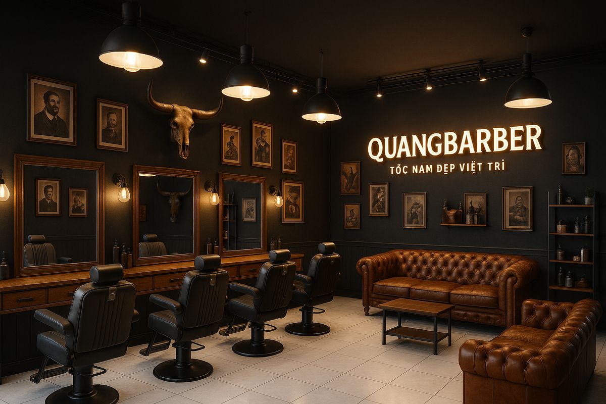 Elegant barbershop with walls in brown and gold tones, brown leather chairs, warm lighting and sophisticated atmosphere