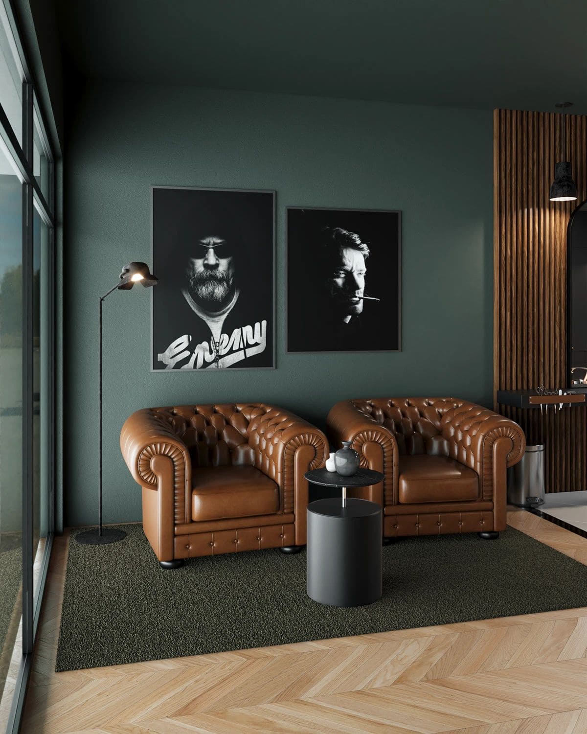 Barbería ejecutiva con sillones Chester de cuero marrón, paredes verde oscuro y arte en blanco y negro