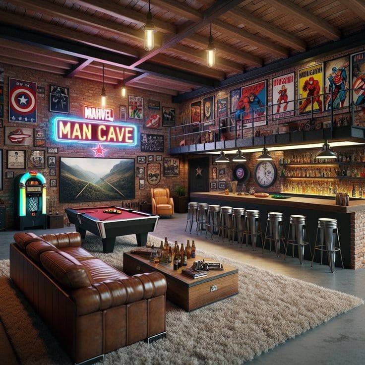 Barbería estilo man cave con mesa de billar, bar con botellas, sofás de cuero y decoración de pósters vintage
