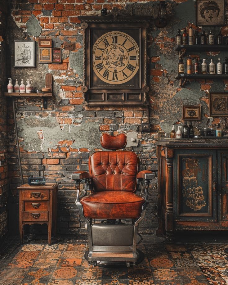 Barbería vintage con reloj antiguo, paredes de ladrillo desgastado, silla de barbero de cuero rojo y mobiliario de época