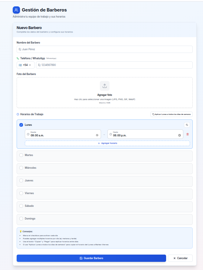 Formulario completo para agregar nuevo barbero con nombre, teléfono, foto y horarios de trabajo configurables