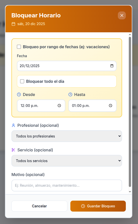 Formulario modal para bloquear horarios con opciones de fecha, rango, día completo, horario específico, profesional y servicio
