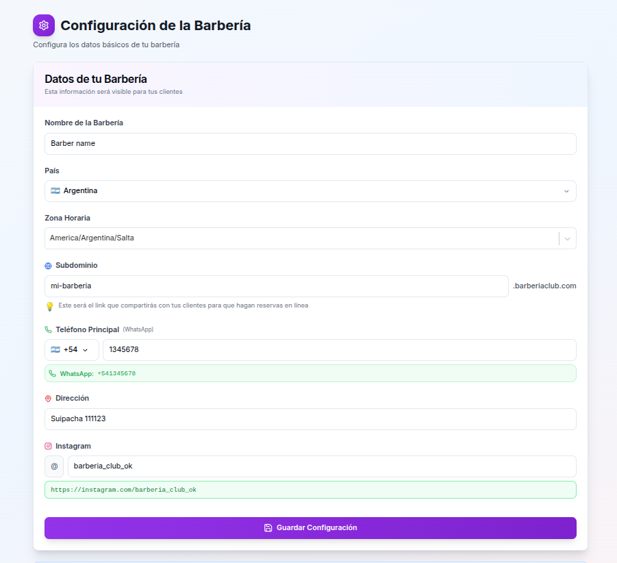 Configuración de barbería con zona horaria, subdominio, teléfono WhatsApp, dirección e Instagram