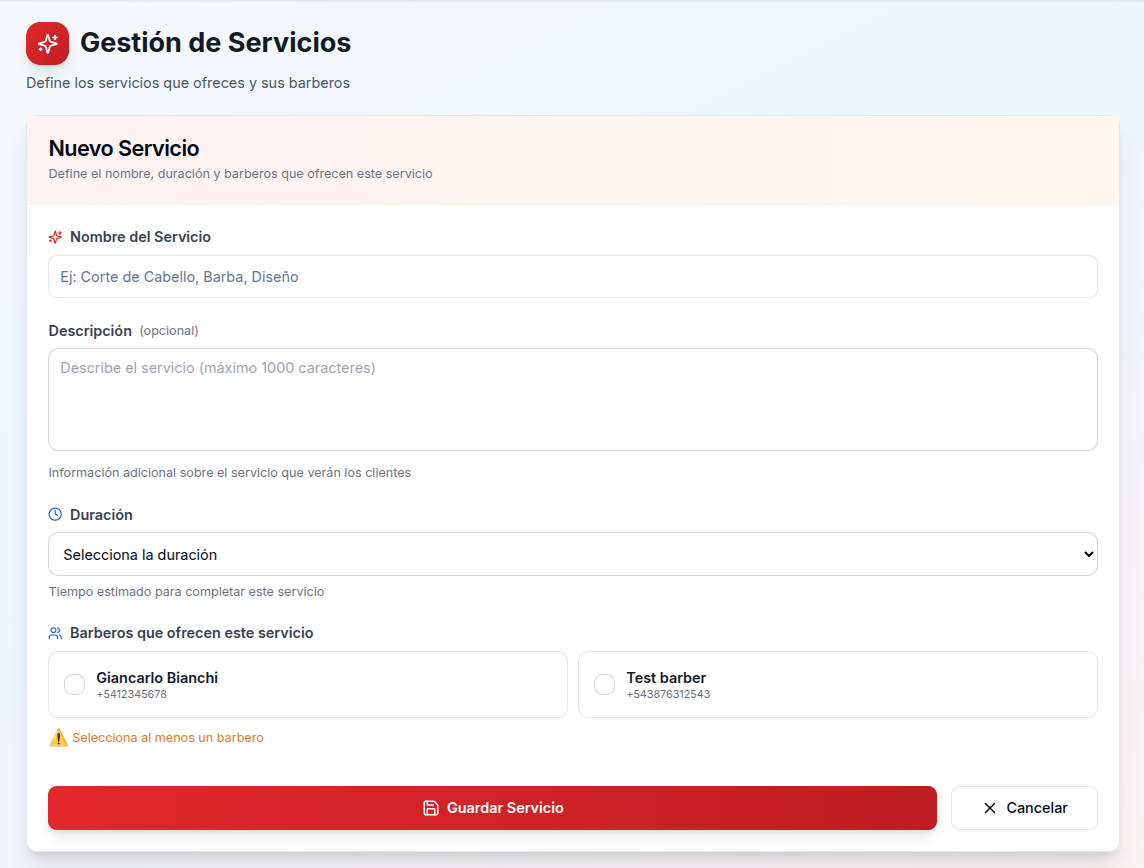 Formulario para crear nuevo servicio con campos de nombre, descripción, duración y selección de barberos